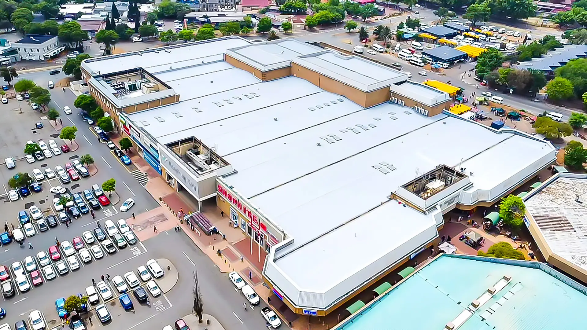 Aerial view of retail centre roofing in Johannesburg